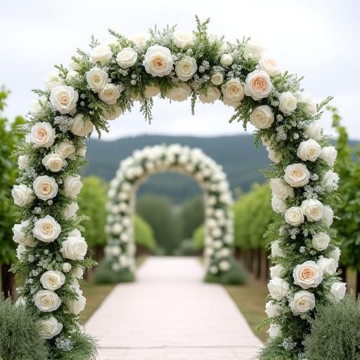 白い花々で飾られた結婚式のアーチ